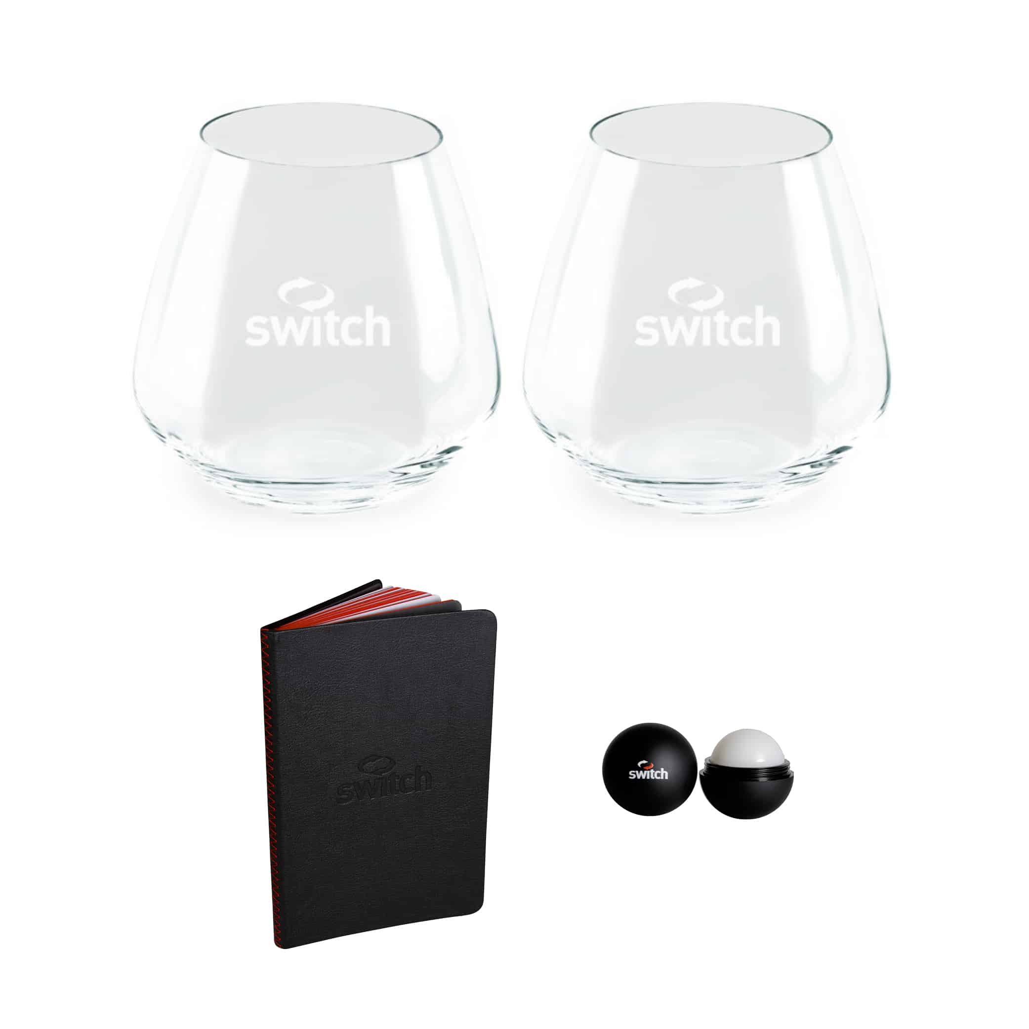 Wine Glasses, Notebook, and Lip Balm