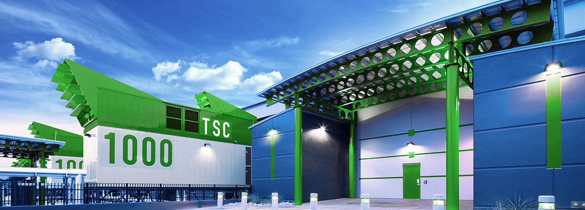 Net-Zero-Image exterior close-up of a Switch facility with green accents